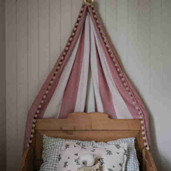 Bed Canopy Sleeper Stripe Rose with Pom Pom Trim