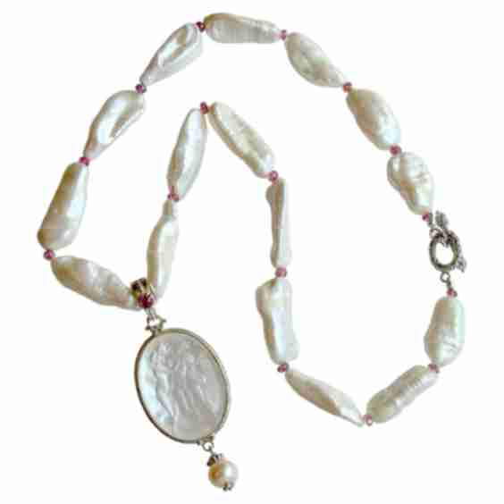 Biwa Pearls & Tourmaline Spacers w/ Intaglio Pendant - Matera III Necklace