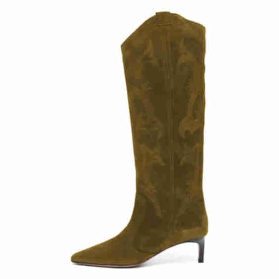 Pull-On Snip Toe Kitten Heel Knee-High Boots with Embroidery
