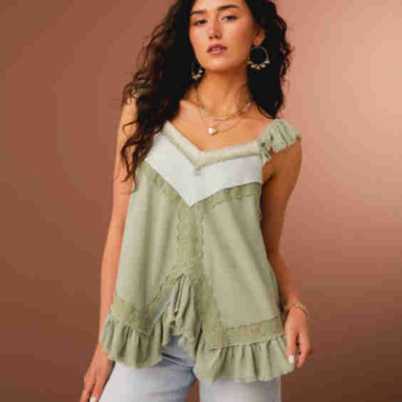Ruffled Eyelet Trim Tank Top