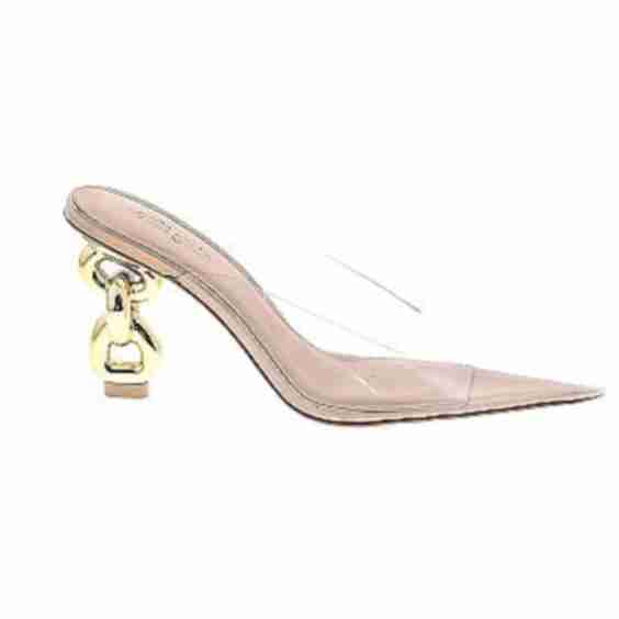 Clear Pointy Toed Mules With Gold Chain Detail On A Chunky Heel