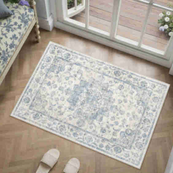 Juliet Vintage Floral Blue Washable Rug