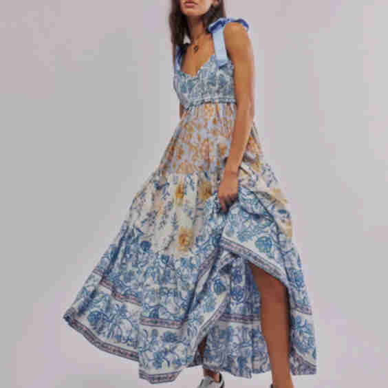 Vintage Floral Ribbon Tie Maxi Dress