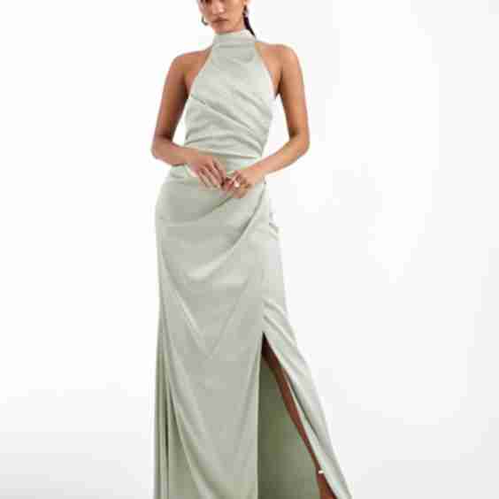 Bridesmaid Satin Halterneck Pleat Detail Maxi Dress