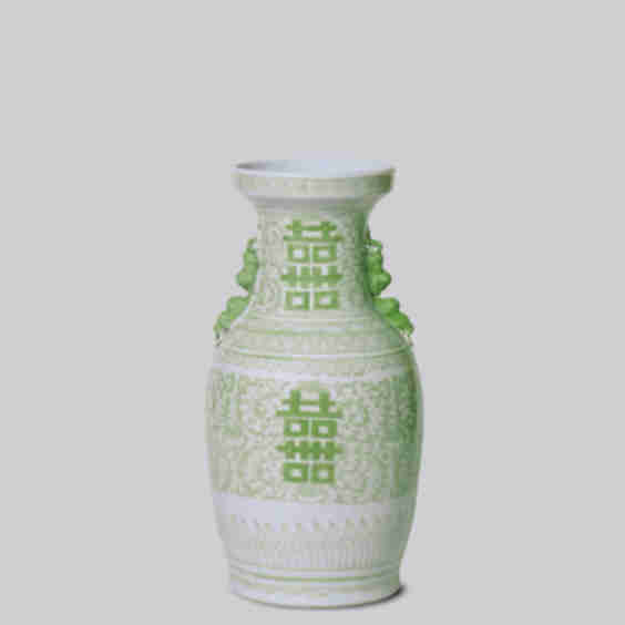 Double Happiness Large Porcelain Lug Vase - 8 1/2” D x 16” H