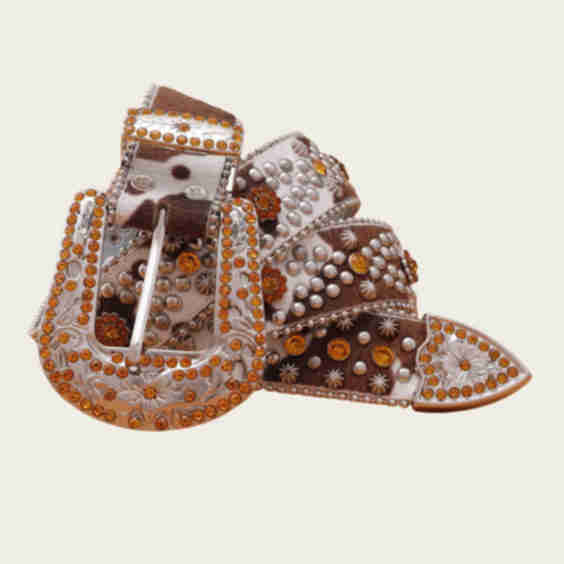 Cowhide-Style Engraved Buckle with Stones Rhinestone Belt