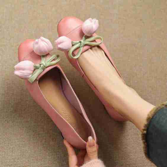 Elegant Bow Floral Splicing Cowhide Leather Flat Shoes