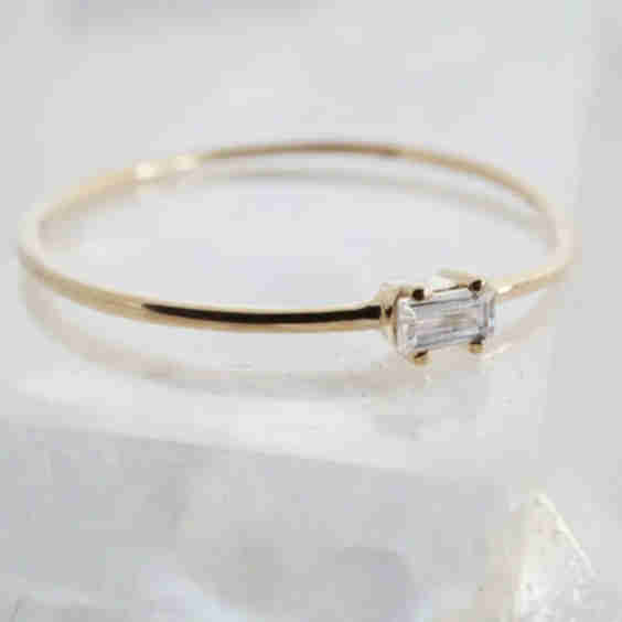 Tiny White Topaz Baguette Ring, 14k Gold