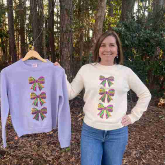 Mardi Gras Sequins Ribbon Embellished Sweater Top