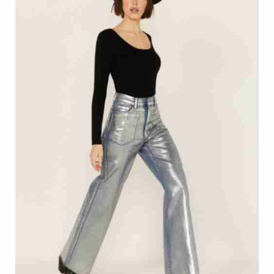 Medium Wash Metallic Wide Leg Denim Jeans