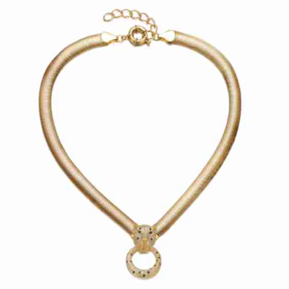 Plated with Emerald & Cubic Zirconia Panther Head Door Knocker Wire Herringbone Chain Necklace - Adjustable W/ Extension Chain