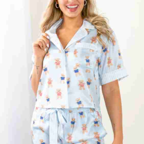 Bearly Asleep Teddy Bear Printed Short Sleeve Pajama Top