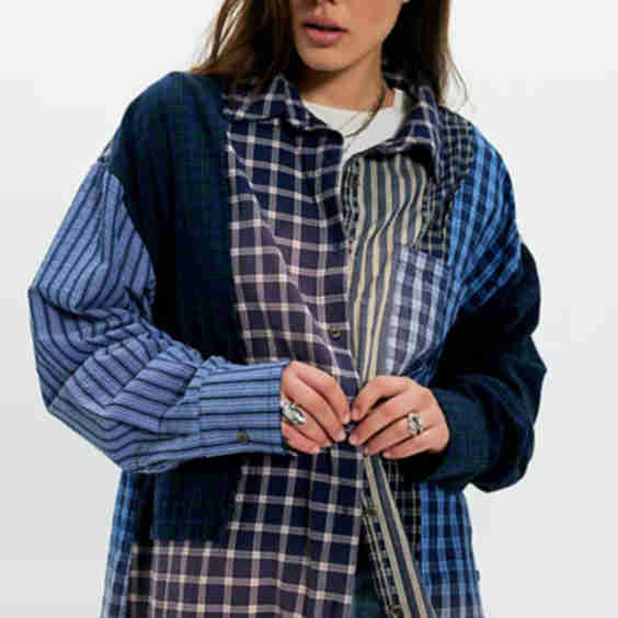 Patchwork Check Stripe Button Down Shirt