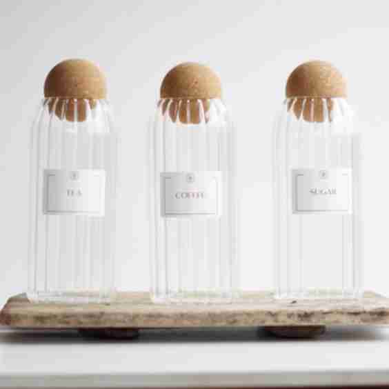 Reeded Glass Tea, Coffee & Sugar Jar Set – Airtight Canisters with Natural Cork Lids