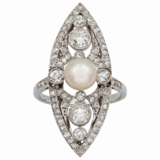 Edwardian Natural Pearl And Diamond Navette-Shaped Ring