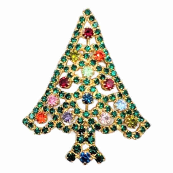 Vintage 1960s Signed Hobe Goldtone Rhinestone Christmas Tree Brooch