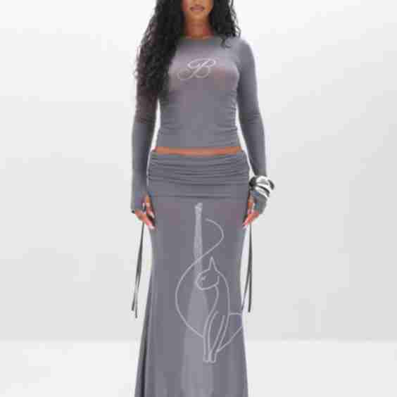 Ruched Mesh Maxi Skirt with Rhinestone