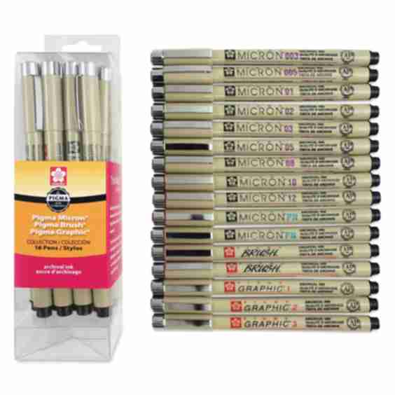 Pigma Micron Brush and Graphic Markers Set of 16 Assorted Sizes