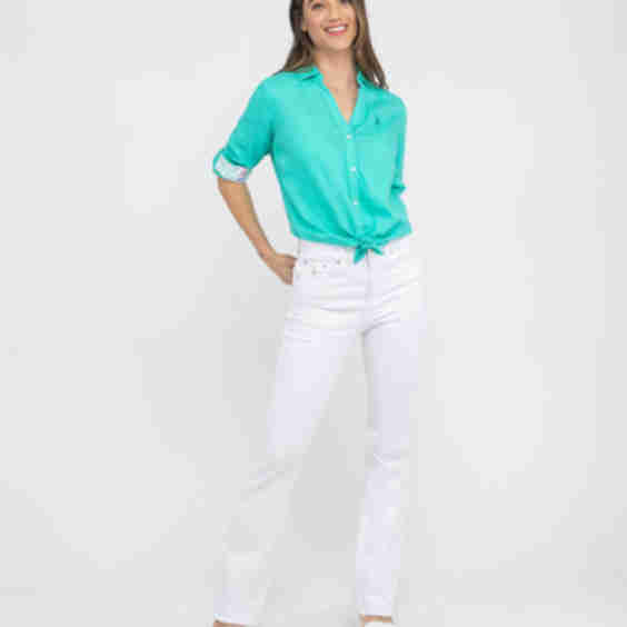 Water Floral Linen Roll Sleeve Shirt