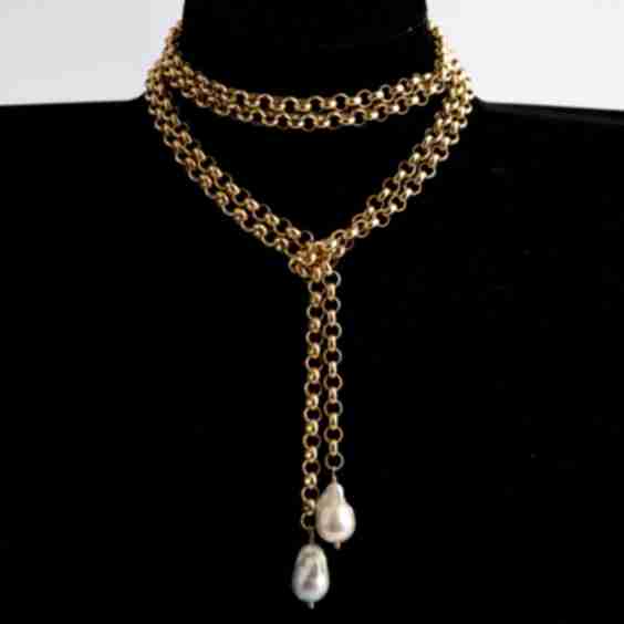 Rolo Chain Lariat with 2 hanging Baroque Pearls Necklace