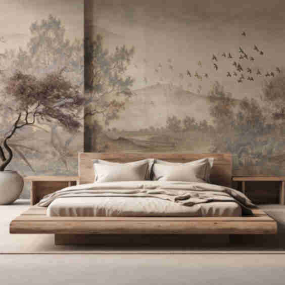 Wall Mural Photo Wallpaper Textured Vintage Landscape With A Tree Near River And A Cloudy Sky Nature Art In Sepia Tones W 08920