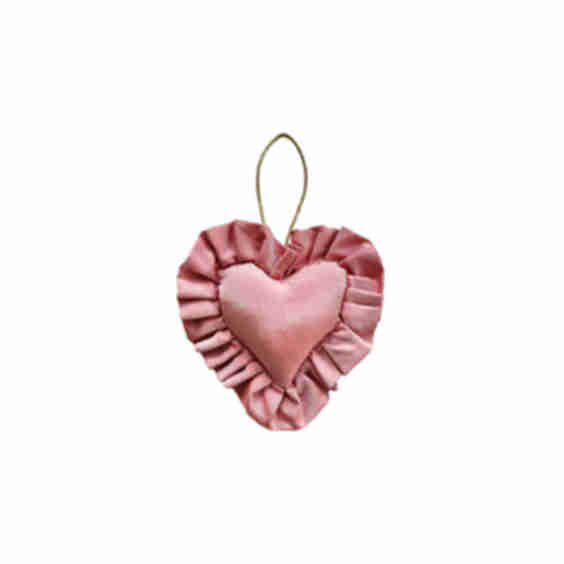 Ruffled Heart Ornament In Faded Red Silk