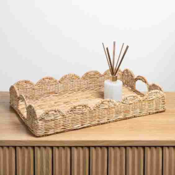 Scalloped 21.5" Southwestern Cottage Hand-Woven Rattan Tray With Handles
