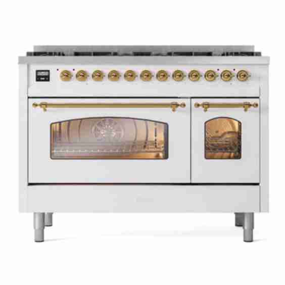 Up 488 Nmpwhglp Nostalgie Ii 48 Inch Dual Fuel Range With 8 Black Brass Sealed Burners Brass Trim Limited Edition Liquid Propane White Ilve Usa