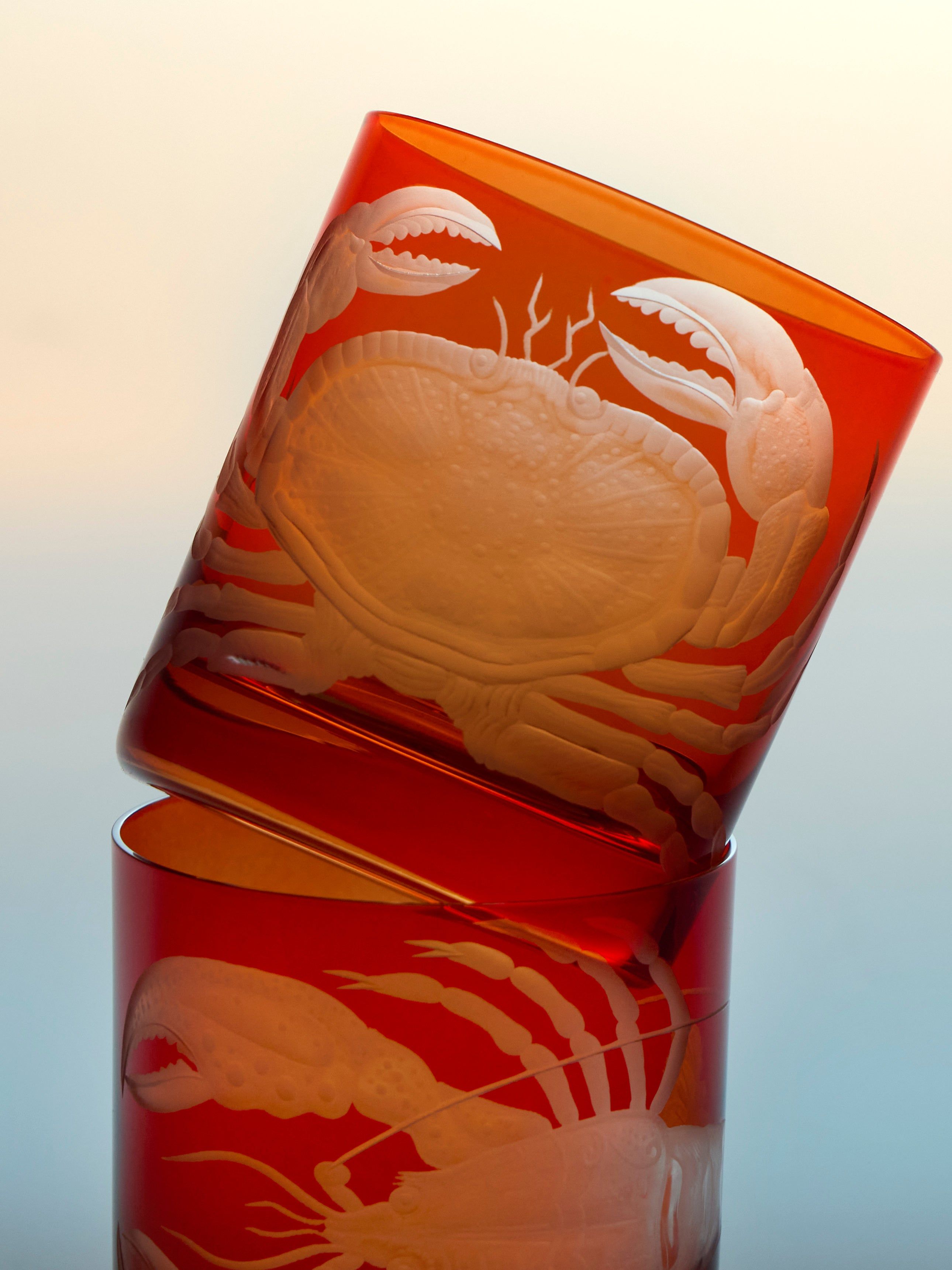 Crab Hand Engraved Crystal Double Old Fashioned Tumbler