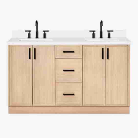 Kelly 61 Inch Double Rectangle Sink Bathroom Vanity with Quartz Countertop 1.5 Inch Edge in Oak