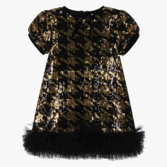 Girls Black & Gold Sequinned Houndstooth Tulle Dress
