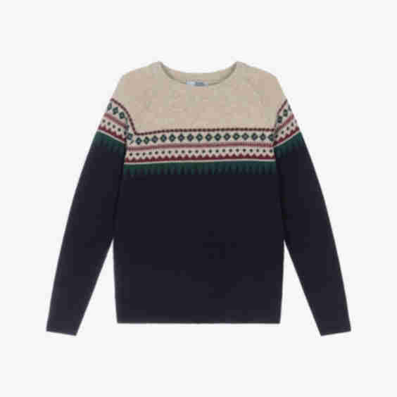 Boys Navy Blue Wool Cotton Fair Isle Sweater