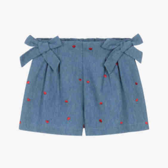 Girls Chambray Shorts with Embroidered Hearts