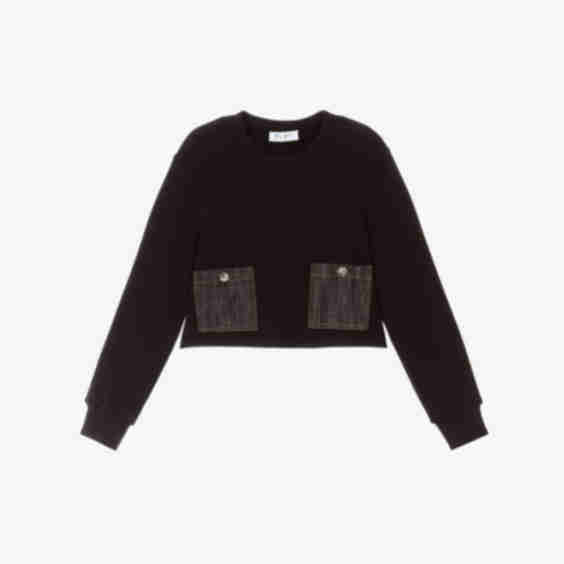 Girls Black Cotton Sweater With Denim Pockets