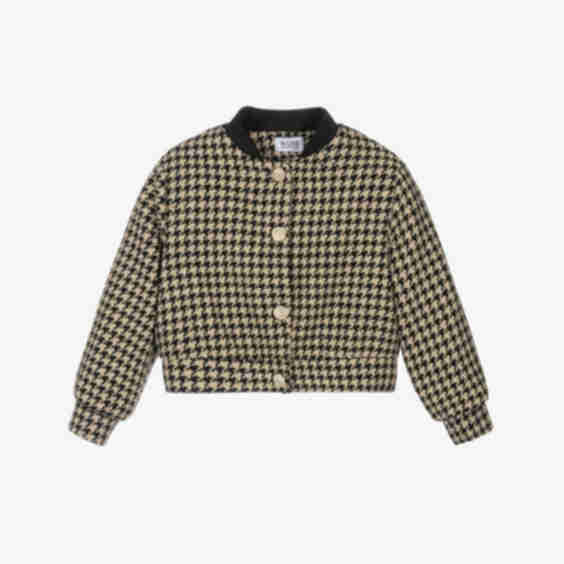 Girls Black Beige Houndstooth Tweed Jacket