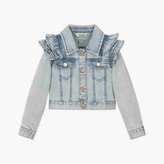 Denim Jacket with Pearl Embellished Ruffles
