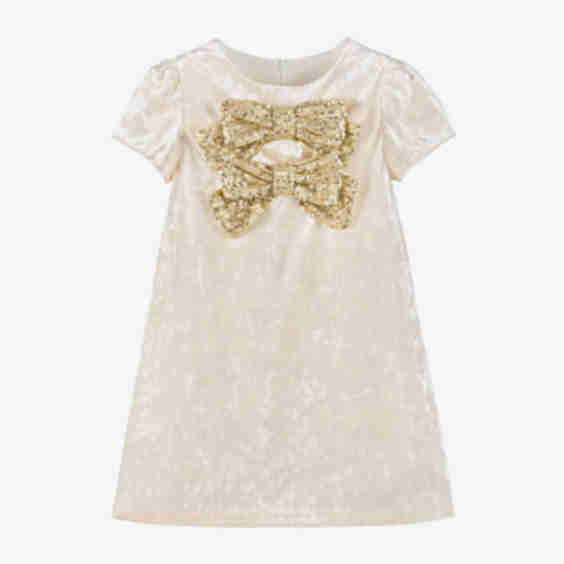 Girls Crushed Velour Dress With Sequinned Gold Bows