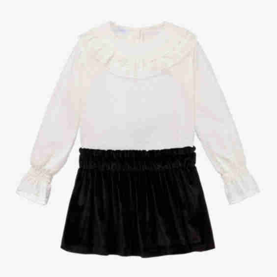 Girls Ivory Top Black Velour Skirt