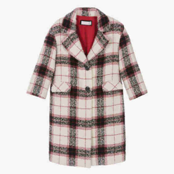 Girls Ivory Black Red Tartan Coat