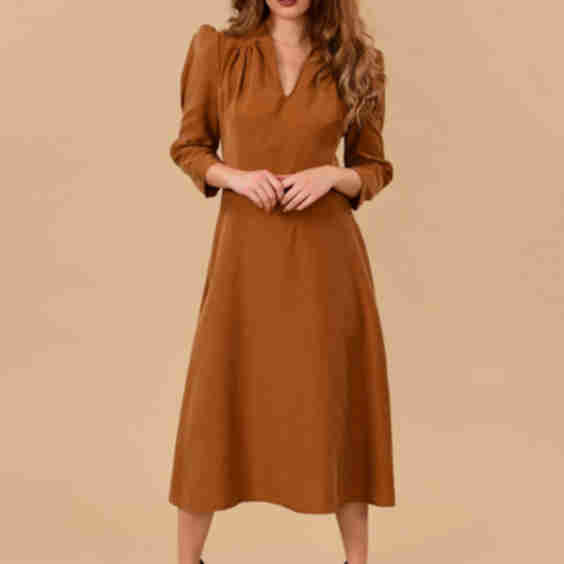 Camel Puff Sleeve Midi Dress 1940s Style Pleated Rayon