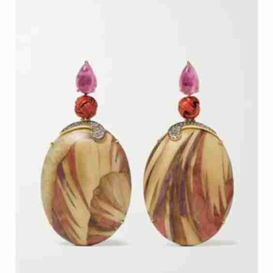 Marquetry 18-Karat Gold, Wood, Bamboo, Tourmaline And Diamond Earrings