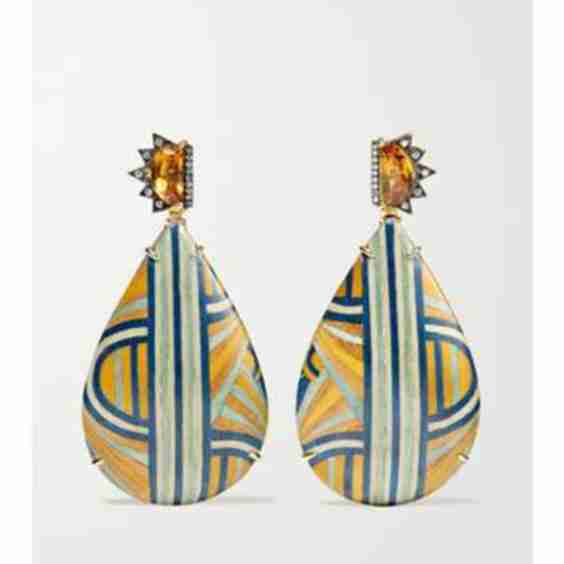 Marquetry 18-Karat Gold, Wood, Diamond And Citrine Earrings