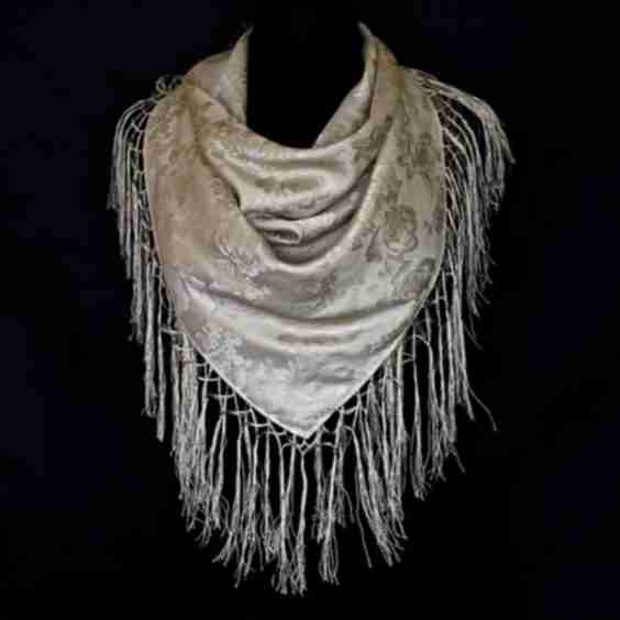 Square Ivory Jacquard Silk Scarf Trimmed With Hand Knotted Fringe