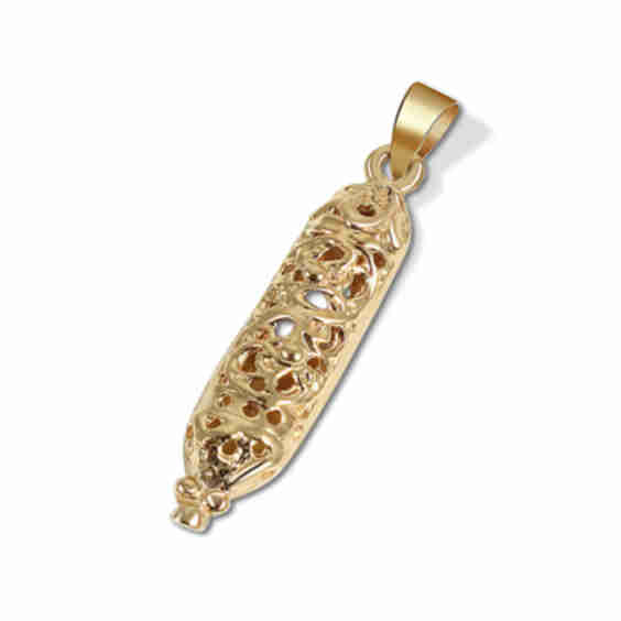 14K Gold Filigree Mezuzah Pendant with Mezuzah